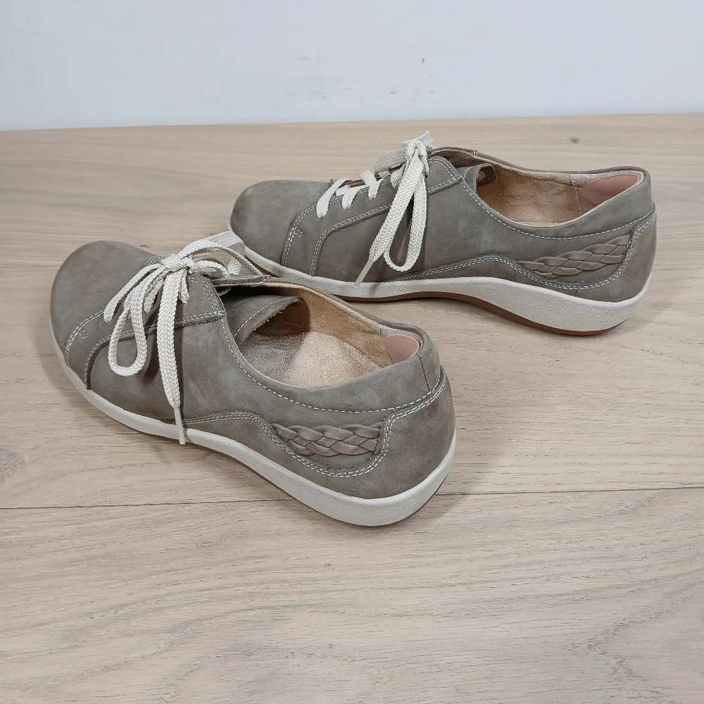 Aetrex Taupe Tan Leather Lace Up Comfort Walking Braided Detail Sneakers 1640